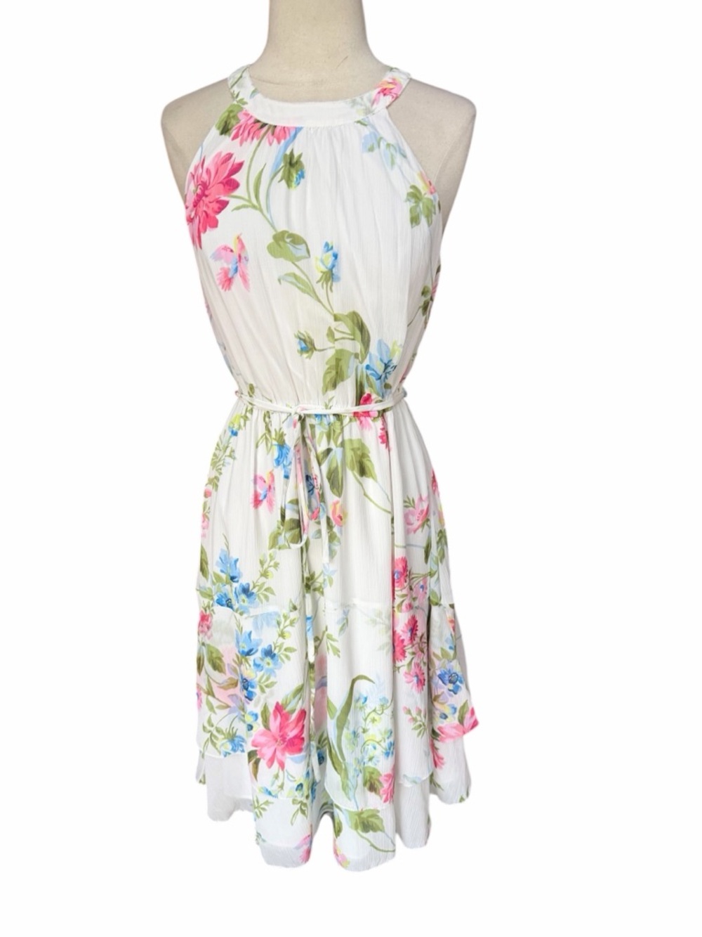 Ann Taylor Floral Tie-Waist 2-Tier Hem Chiffon Dress